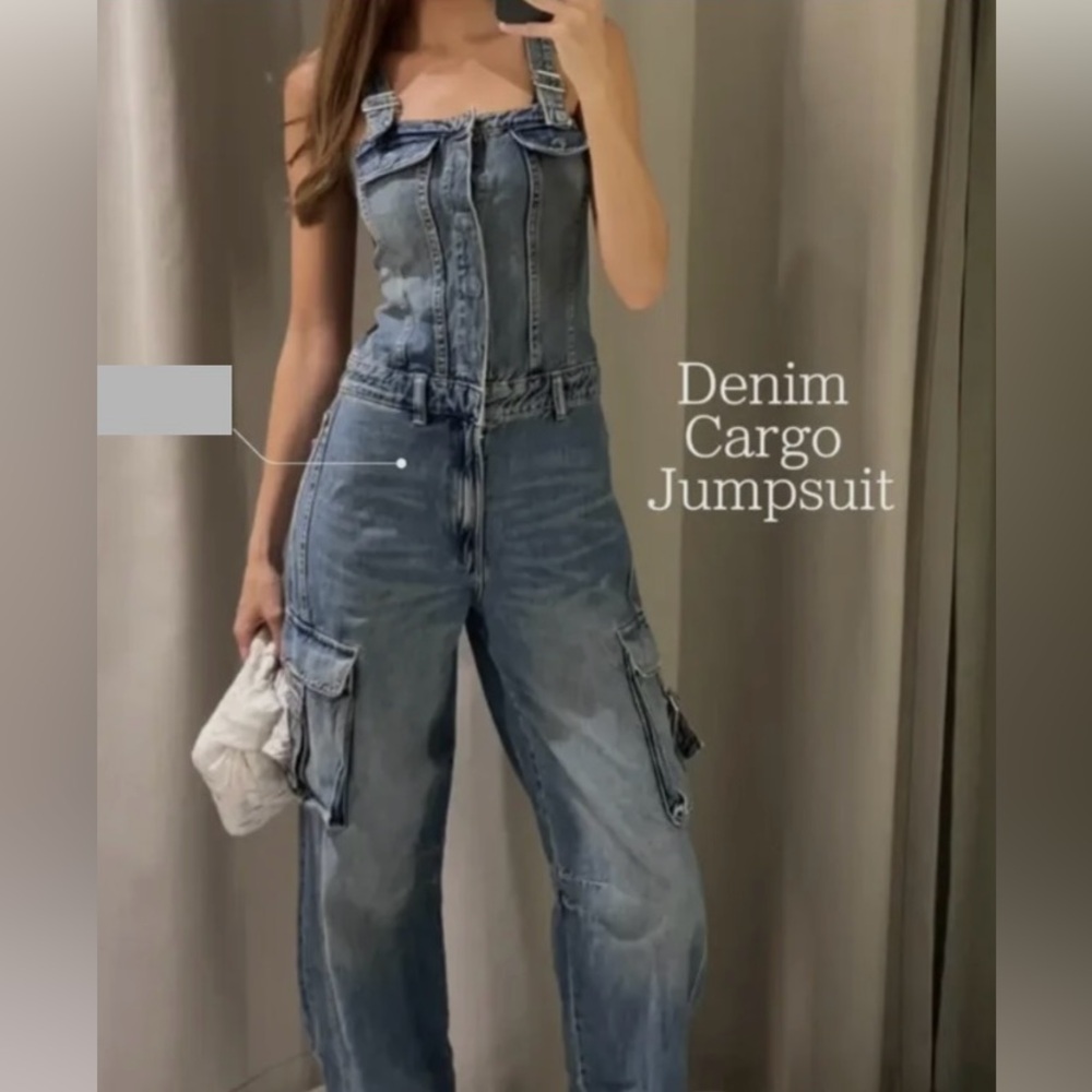 ZARA DENIM CARGO JUMPSUIT BLUE NWT